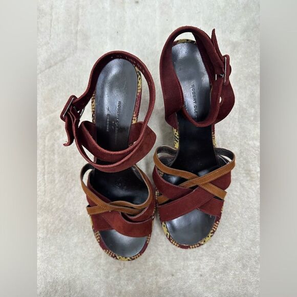 Robert Clergerie Burgundy Red Suede Plaid Platform Strappy Heel Sandals Size 39 - Picture 10 of 11
